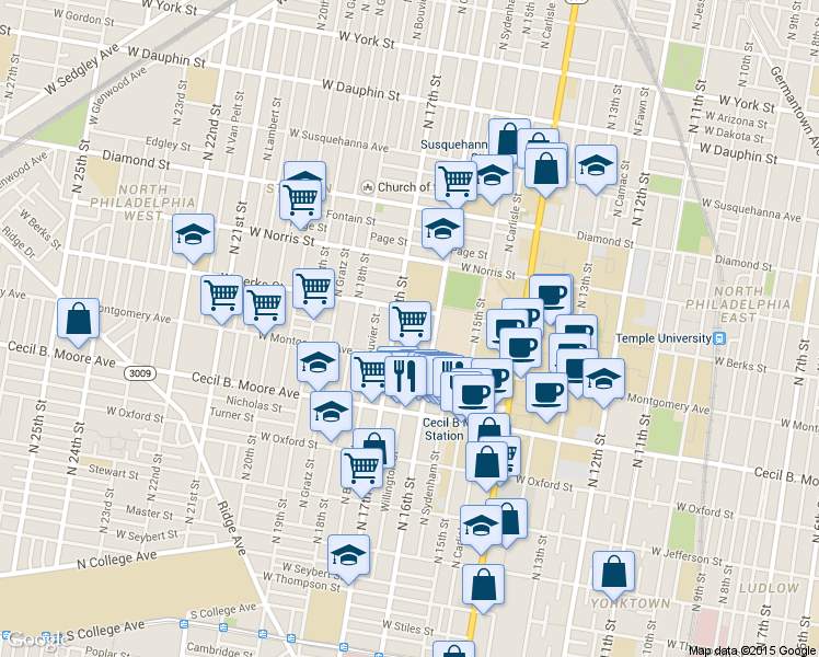 map of restaurants, bars, coffee shops, grocery stores, and more near 1725 West Montgomery Avenue in Philadelphia