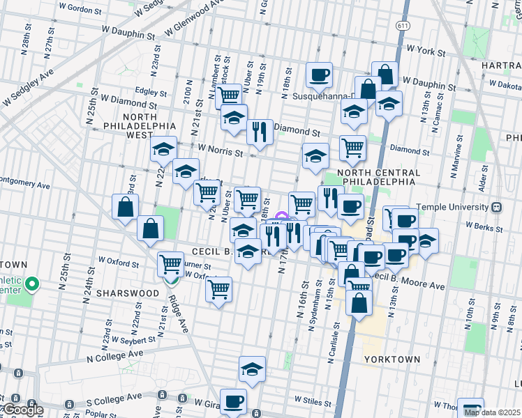 map of restaurants, bars, coffee shops, grocery stores, and more near 1731 West Montgomery Avenue in Philadelphia