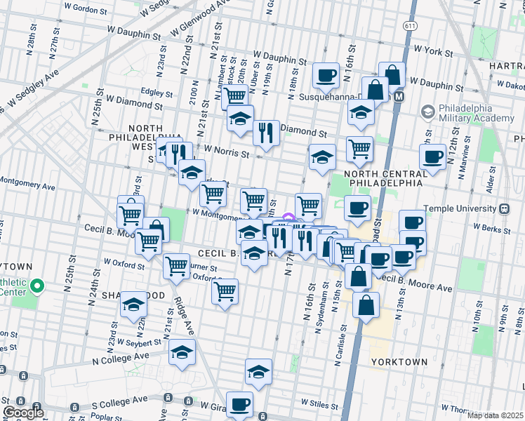 map of restaurants, bars, coffee shops, grocery stores, and more near 1830 West Montgomery Avenue in Philadelphia