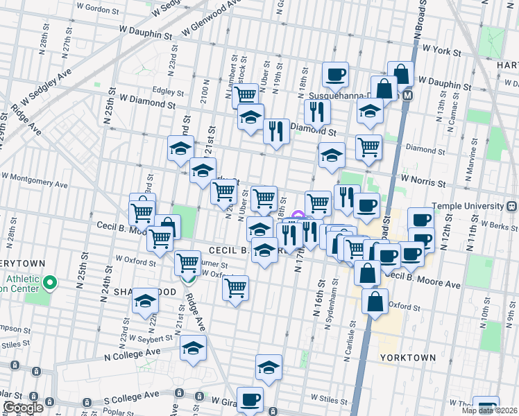 map of restaurants, bars, coffee shops, grocery stores, and more near 1830 West Montgomery Avenue in Philadelphia