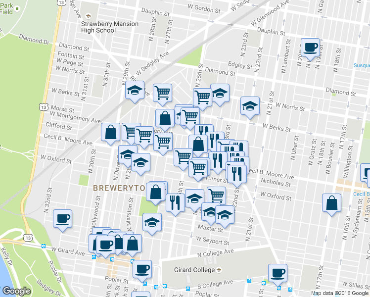 map of restaurants, bars, coffee shops, grocery stores, and more near 2447 Cecil B. Moore Avenue in Philadelphia