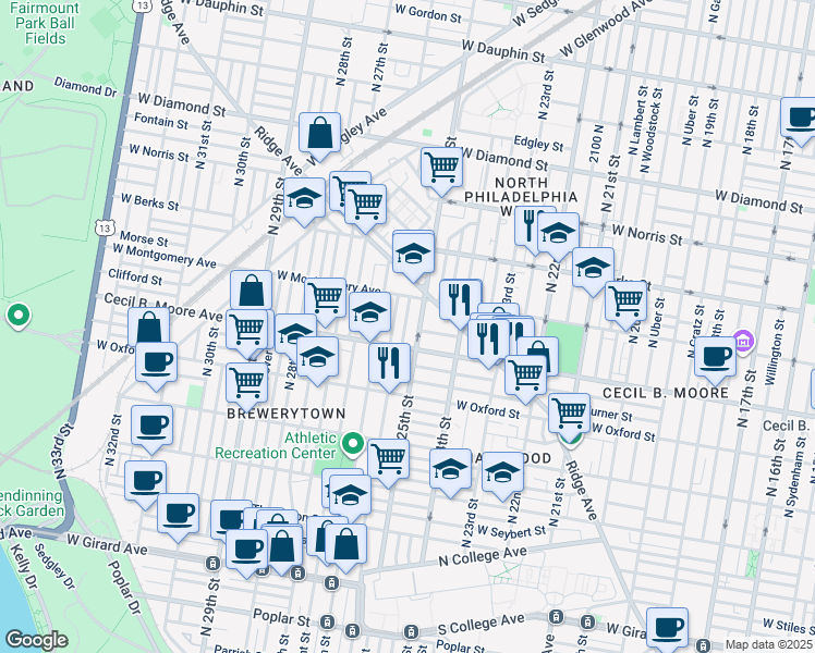 map of restaurants, bars, coffee shops, grocery stores, and more near 2447 Cecil B. Moore Avenue in Philadelphia