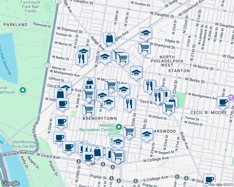 map of restaurants, bars, coffee shops, grocery stores, and more near 2618 Cecil B. Moore Avenue in Philadelphia