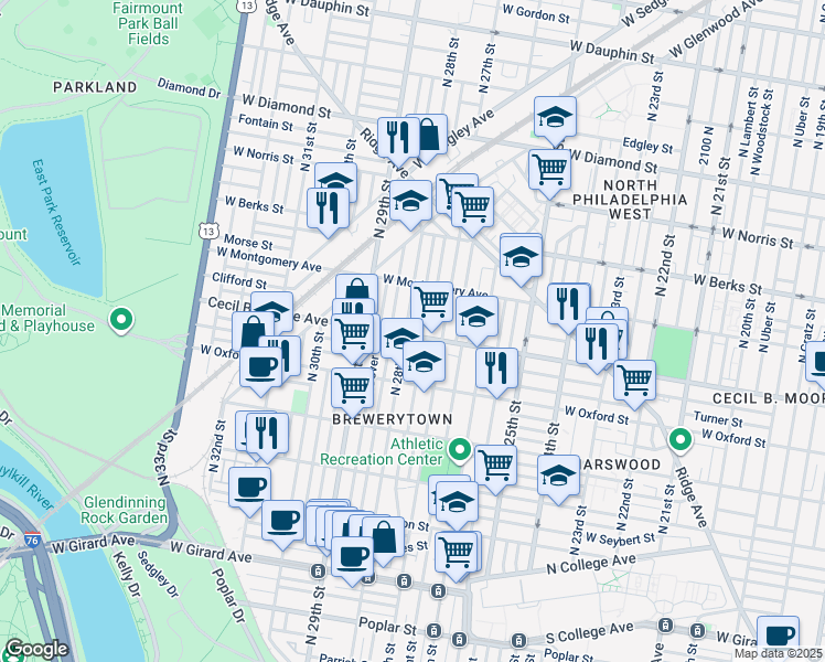 map of restaurants, bars, coffee shops, grocery stores, and more near 1630 North Marston Street in Philadelphia