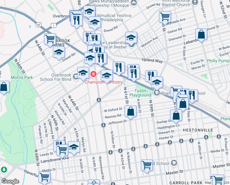 map of restaurants, bars, coffee shops, grocery stores, and more near 6137 West Columbia Avenue in Philadelphia