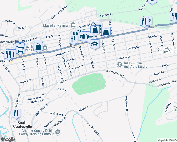 map of restaurants, bars, coffee shops, grocery stores, and more near 142 Chester Avenue in Coatesville