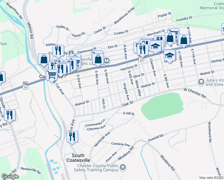 map of restaurants, bars, coffee shops, grocery stores, and more near 118 Penrose Lane in Coatesville