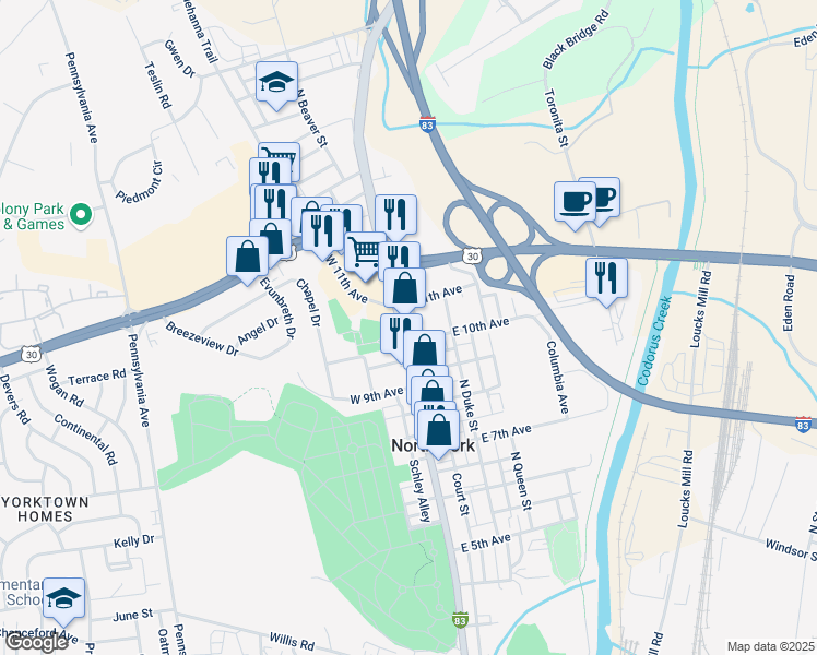 map of restaurants, bars, coffee shops, grocery stores, and more near 1321 North George Street in York