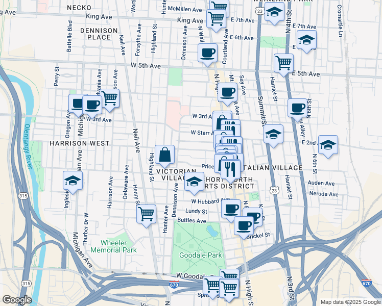 map of restaurants, bars, coffee shops, grocery stores, and more near 98 Price Avenue in Columbus