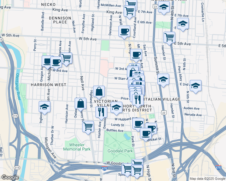 map of restaurants, bars, coffee shops, grocery stores, and more near 147 Price Avenue in Columbus