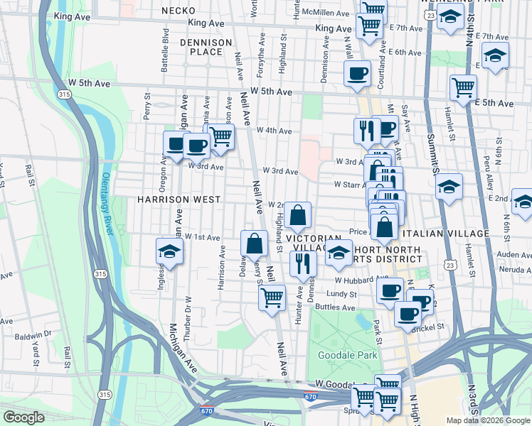 map of restaurants, bars, coffee shops, grocery stores, and more near 956 Neil Avenue in Columbus