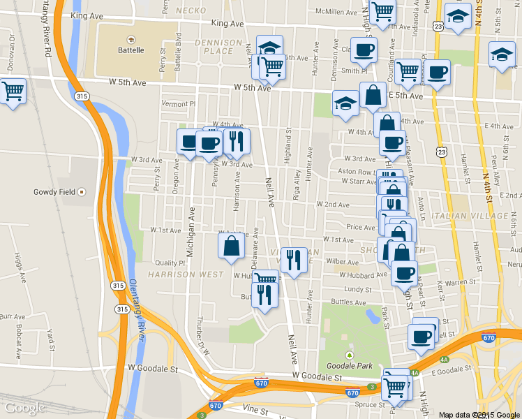 map of restaurants, bars, coffee shops, grocery stores, and more near 956 Delaware Avenue in Columbus