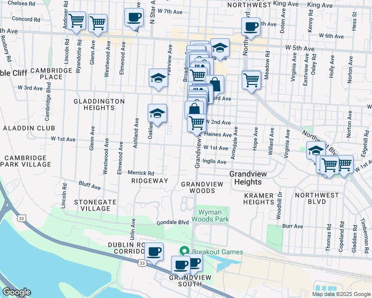 map of restaurants, bars, coffee shops, grocery stores, and more near 1154 Broadview Avenue in Columbus