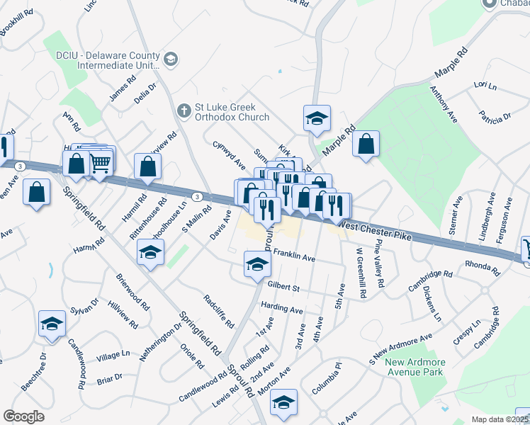 map of restaurants, bars, coffee shops, grocery stores, and more near 26 South Sproul Road in Broomall
