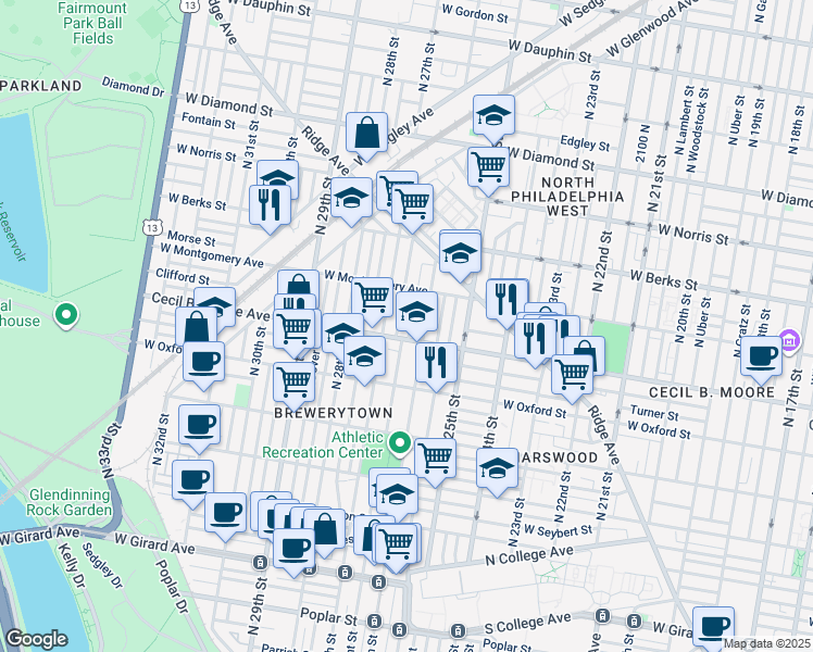 map of restaurants, bars, coffee shops, grocery stores, and more near 1716 North Bailey Street in Philadelphia