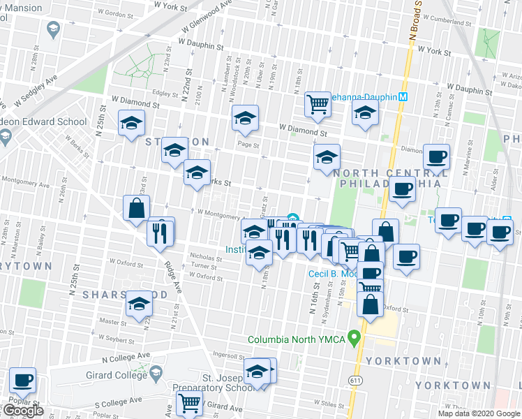 map of restaurants, bars, coffee shops, grocery stores, and more near 1816 North Gratz Street in Philadelphia