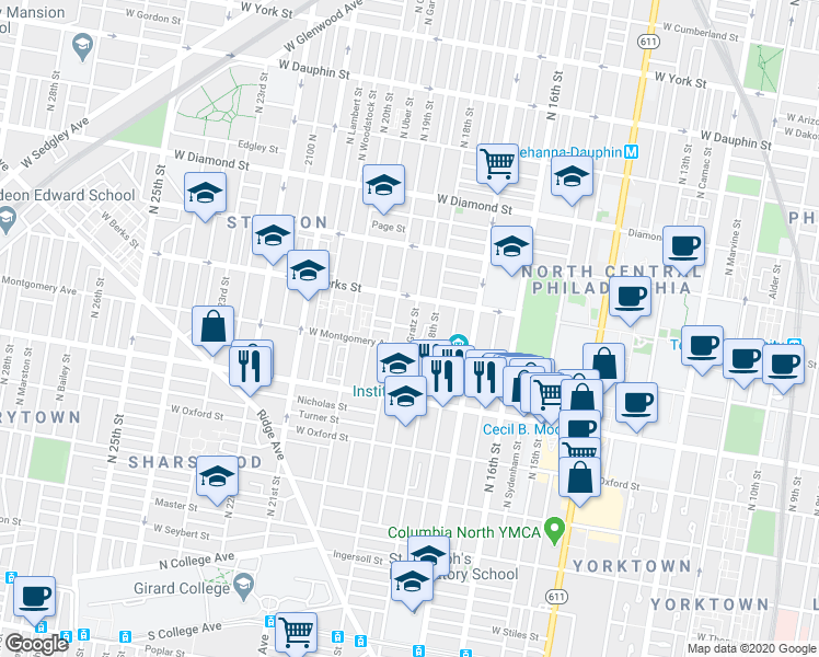 map of restaurants, bars, coffee shops, grocery stores, and more near 1816 North Gratz Street in Philadelphia