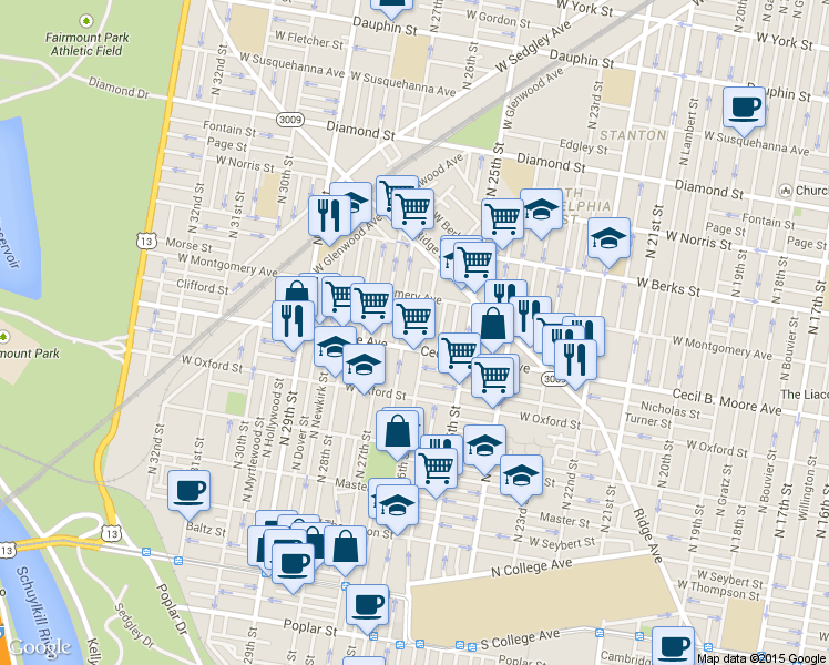 map of restaurants, bars, coffee shops, grocery stores, and more near 1719 North Bailey Street in Philadelphia