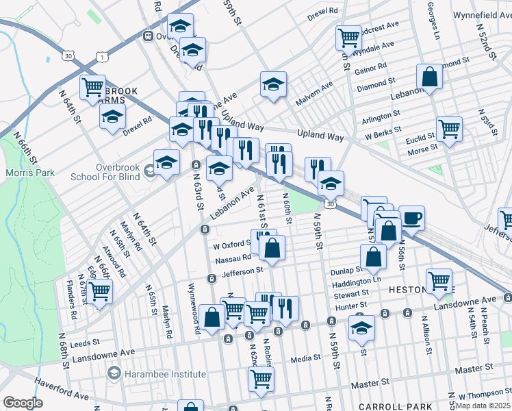 map of restaurants, bars, coffee shops, grocery stores, and more near in Philadelphia
