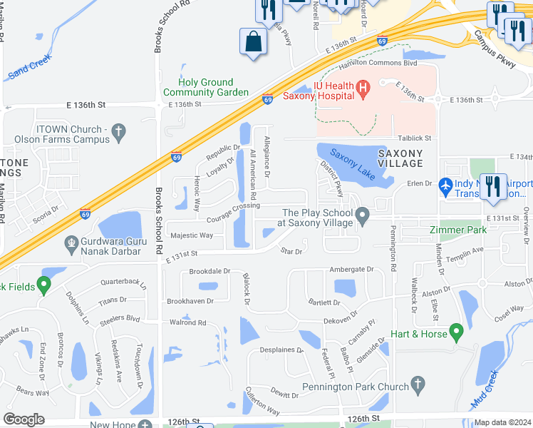 map of restaurants, bars, coffee shops, grocery stores, and more near 12840 Freedom Drive in Fishers