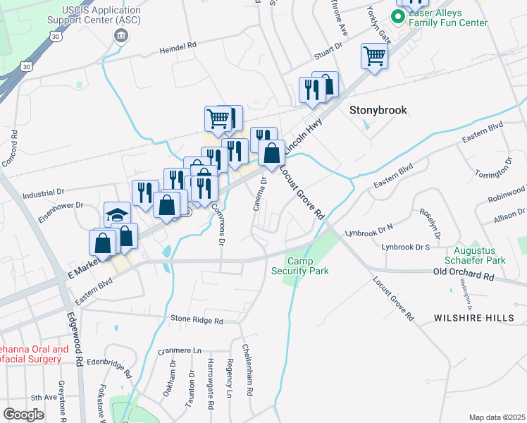 map of restaurants, bars, coffee shops, grocery stores, and more near 25 Cinema Drive in York