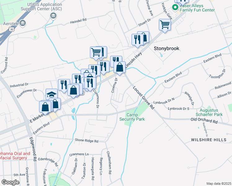 map of restaurants, bars, coffee shops, grocery stores, and more near 25 Cinema Drive in York