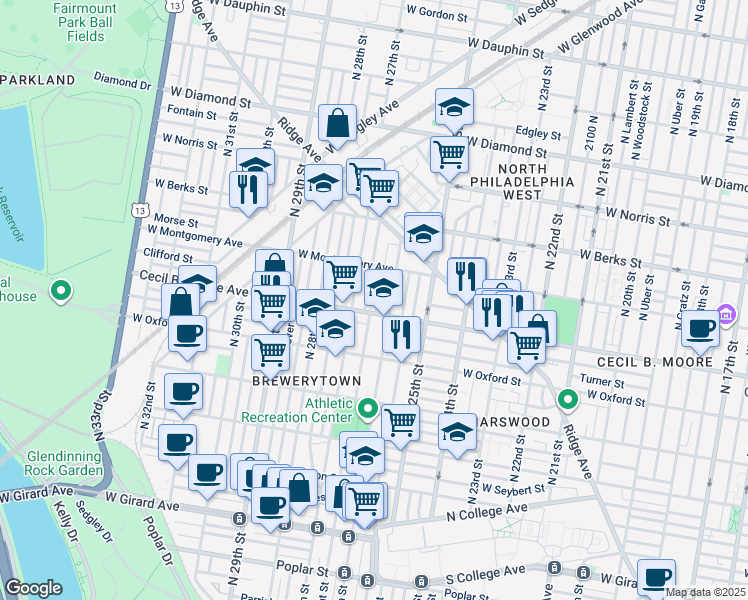map of restaurants, bars, coffee shops, grocery stores, and more near 1716 North Bailey Street in Philadelphia