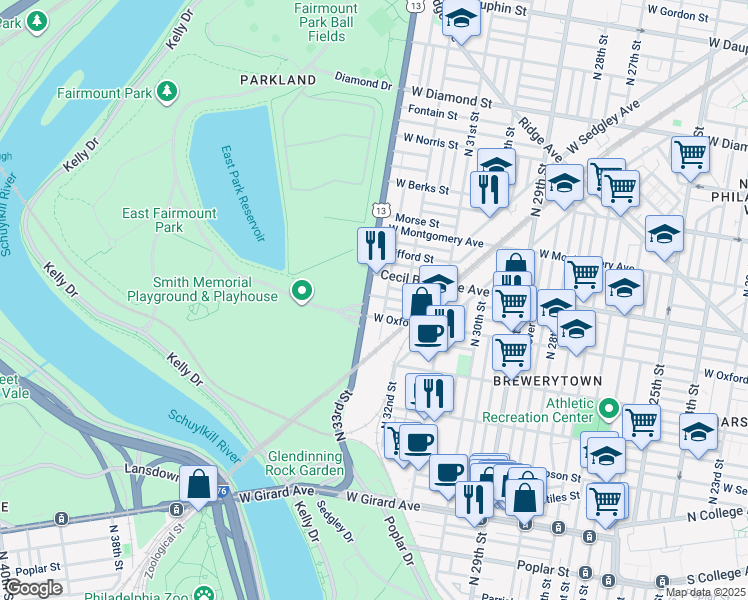 map of restaurants, bars, coffee shops, grocery stores, and more near 1617-19 North 33rd Street in Philadelphia