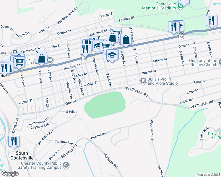 map of restaurants, bars, coffee shops, grocery stores, and more near 757 Oak Street in Coatesville