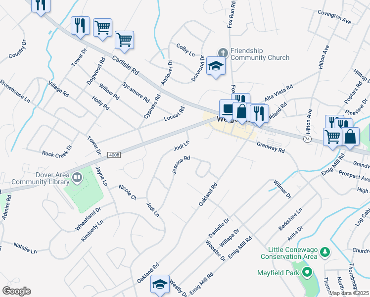 map of restaurants, bars, coffee shops, grocery stores, and more near 3044 Jodi Lane in Dover
