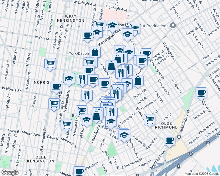 map of restaurants, bars, coffee shops, grocery stores, and more near 2111 East Susquehanna Avenue in Philadelphia