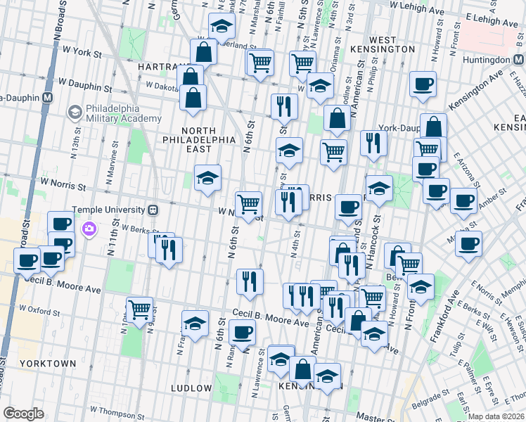 map of restaurants, bars, coffee shops, grocery stores, and more near 1937 North 5th Street in Philadelphia