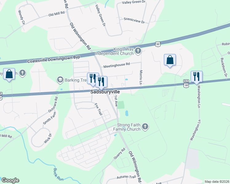 map of restaurants, bars, coffee shops, grocery stores, and more near 920 Old Wilmington Road in Coatesville