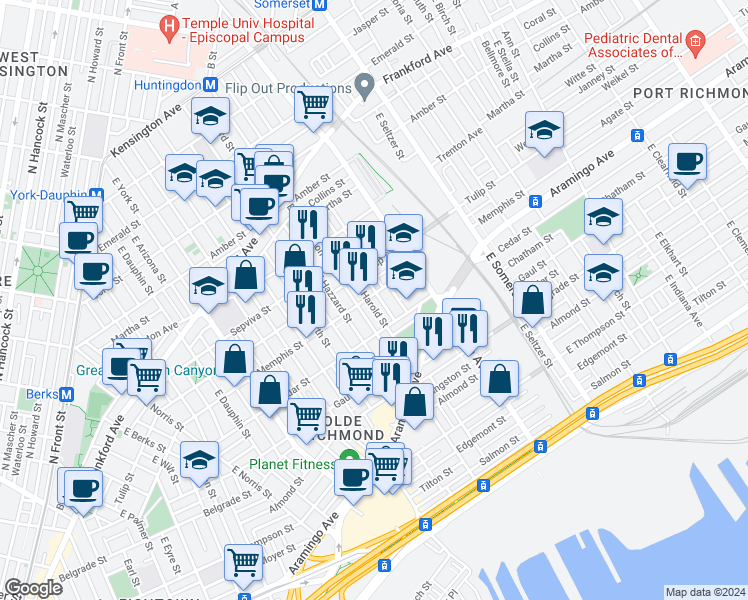 map of restaurants, bars, coffee shops, grocery stores, and more near 2619 Memphis Street in Philadelphia