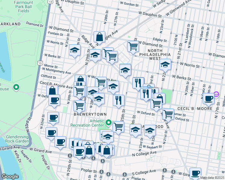 map of restaurants, bars, coffee shops, grocery stores, and more near 1719 North Bailey Street in Philadelphia