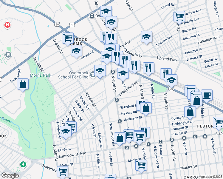 map of restaurants, bars, coffee shops, grocery stores, and more near 1122 North 63rd Street in Philadelphia