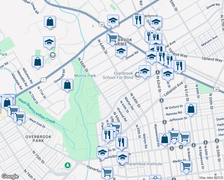map of restaurants, bars, coffee shops, grocery stores, and more near 6454 Woodcrest Avenue in Philadelphia