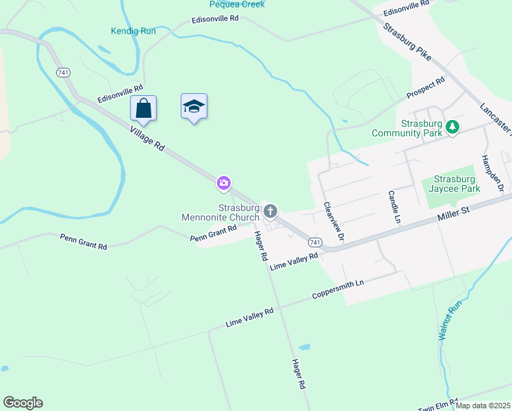 map of restaurants, bars, coffee shops, grocery stores, and more near 1523 Village Road in Strasburg