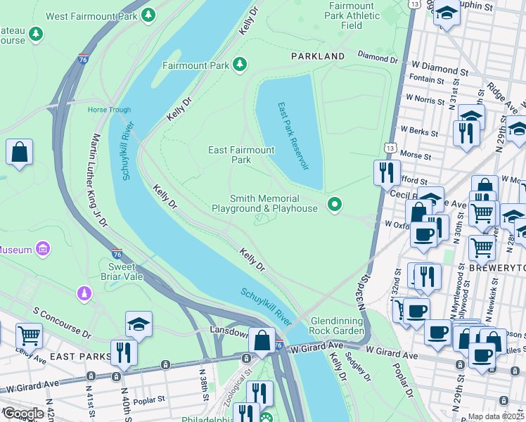 map of restaurants, bars, coffee shops, grocery stores, and more near 3500 Reservoir Drive in Philadelphia