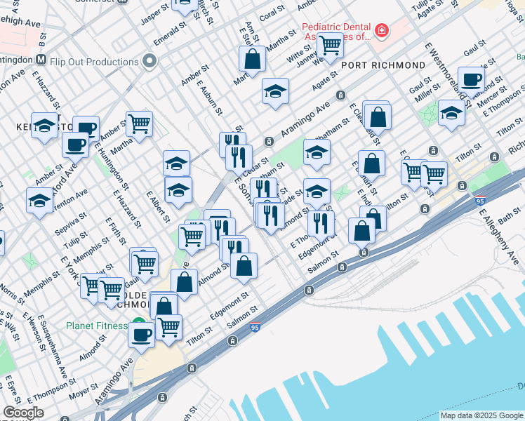 map of restaurants, bars, coffee shops, grocery stores, and more near 2541 East Seltzer Street in Philadelphia