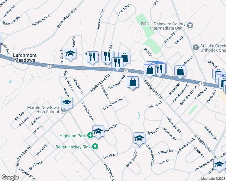 map of restaurants, bars, coffee shops, grocery stores, and more near 66 Woodlawn Avenue in Broomall