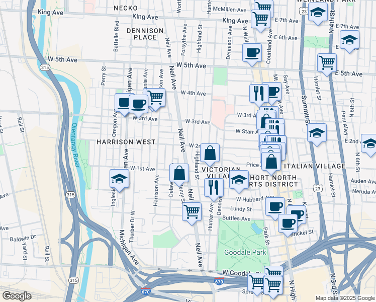 map of restaurants, bars, coffee shops, grocery stores, and more near 956 Neil Avenue in Columbus
