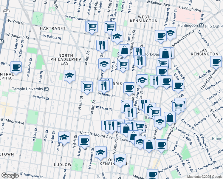 map of restaurants, bars, coffee shops, grocery stores, and more near 2024 North Orianna Street in Philadelphia