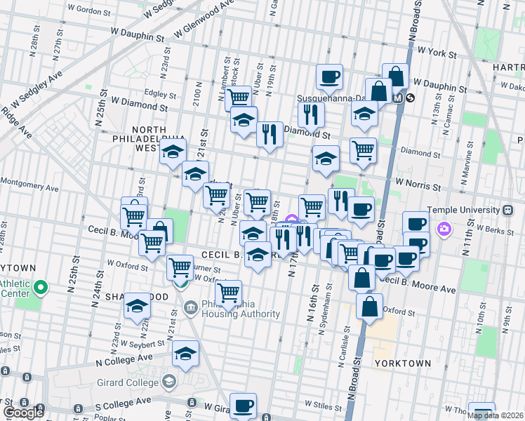 map of restaurants, bars, coffee shops, grocery stores, and more near N Gratz St & W Wilt St in Philadelphia