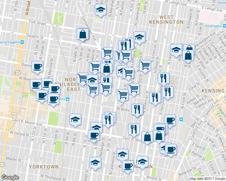 map of restaurants, bars, coffee shops, grocery stores, and more near 2005 North Randolph Street in Philadelphia