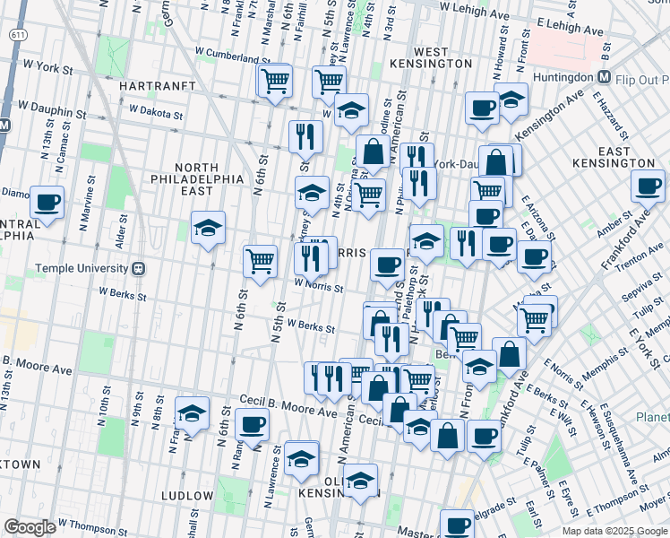 map of restaurants, bars, coffee shops, grocery stores, and more near 2024 North Orianna Street in Philadelphia