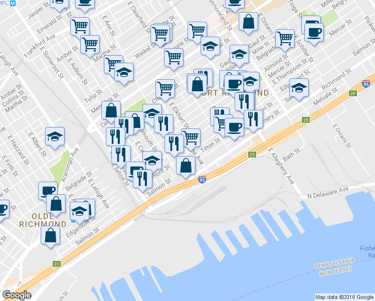 map of restaurants, bars, coffee shops, grocery stores, and more near 2986 Edgemont Street in Philadelphia