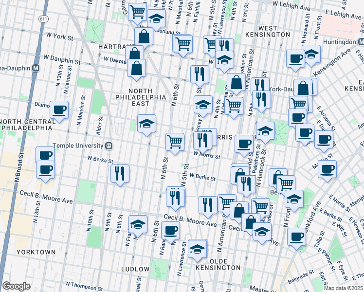 map of restaurants, bars, coffee shops, grocery stores, and more near 2005 North Randolph Street in Philadelphia