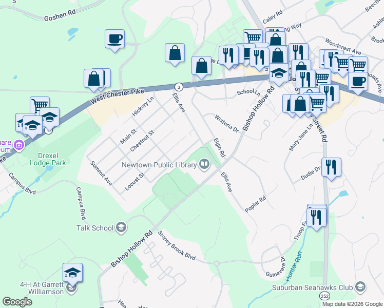 map of restaurants, bars, coffee shops, grocery stores, and more near Bishop Hollow Trail in Newtown Square