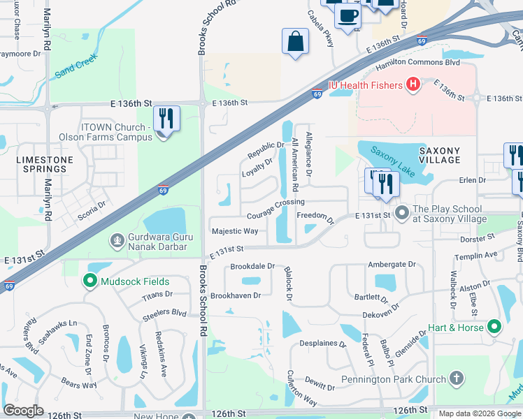 map of restaurants, bars, coffee shops, grocery stores, and more near 12651 Justice Crossing in Fishers
